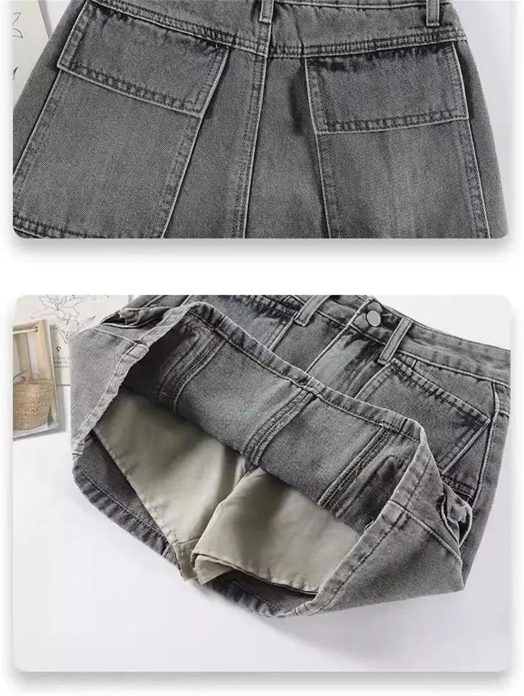 Women's Mini Dress High-Waisted Denim A- Line Skirt Anti-Exposure Korean Style Washing Mini Dress