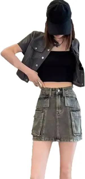 Women's Mini Dress High-Waisted Denim A- Line Skirt Anti-Exposure Korean Style Washing Mini Dress