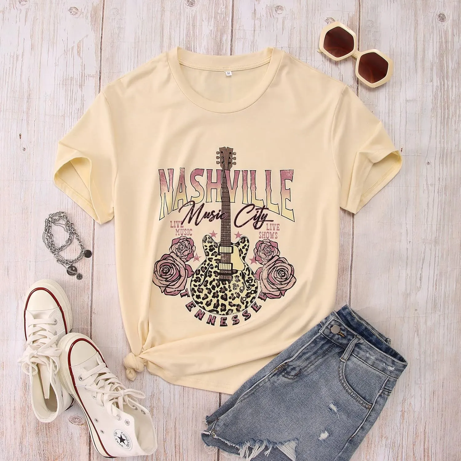 Women's Nashville Tshirt Rose Leopard Bass Guitar Graphic Tee Tennessee Country Concert Rock and Roll Vintage Tops