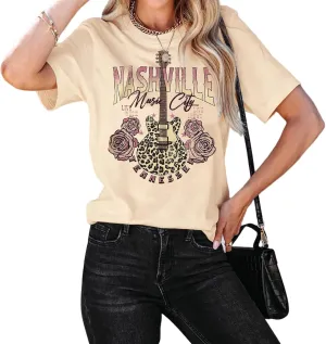 Women's Nashville Tshirt Rose Leopard Bass Guitar Graphic Tee Tennessee Country Concert Rock and Roll Vintage Tops