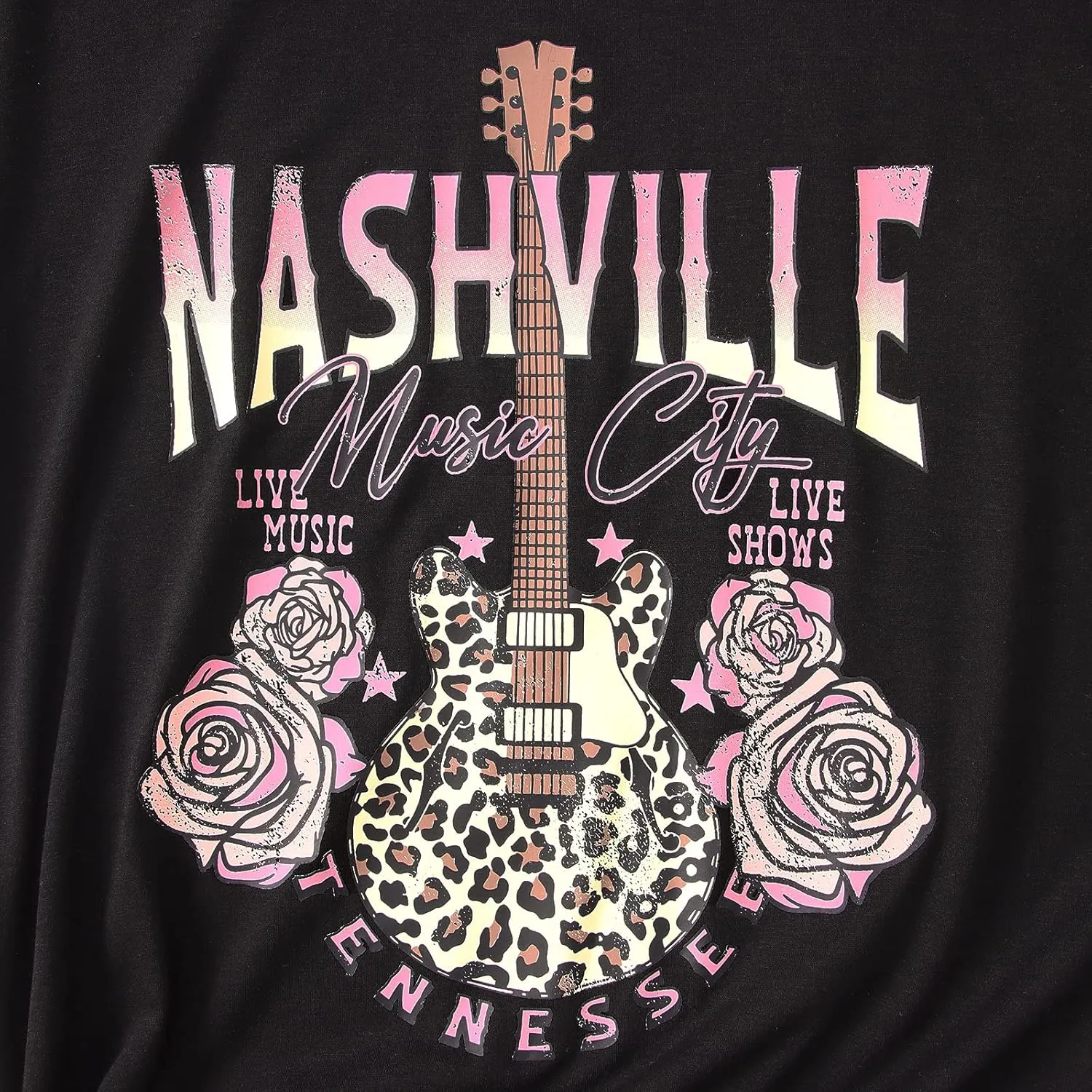 Women's Nashville Tshirt Rose Leopard Bass Guitar Graphic Tee Tennessee Country Concert Rock and Roll Vintage Tops