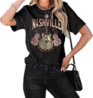 Women's Nashville Tshirt Rose Leopard Bass Guitar Graphic Tee Tennessee Country Concert Rock and Roll Vintage Tops