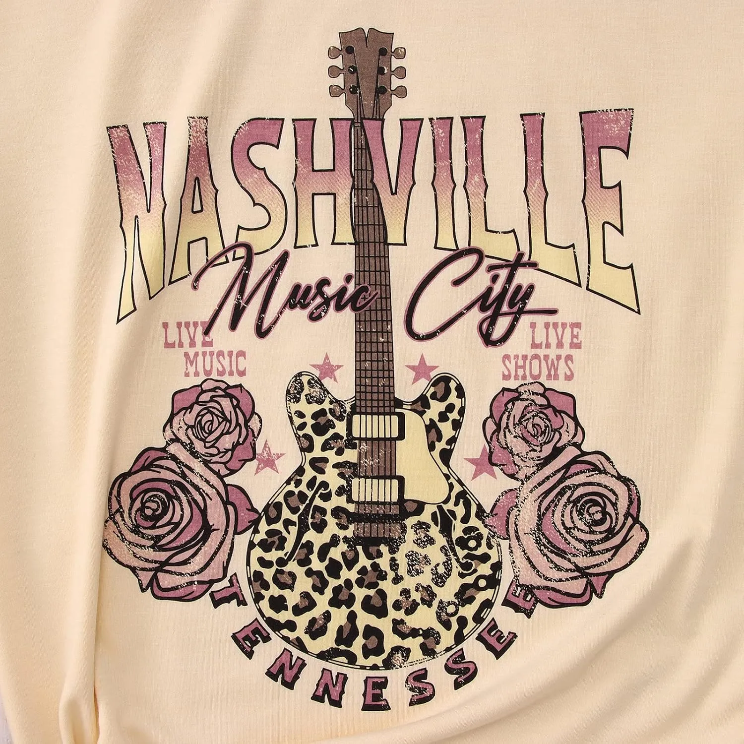 Women's Nashville Tshirt Rose Leopard Bass Guitar Graphic Tee Tennessee Country Concert Rock and Roll Vintage Tops