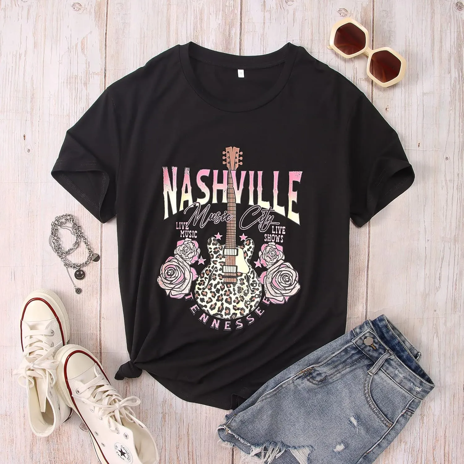 Women's Nashville Tshirt Rose Leopard Bass Guitar Graphic Tee Tennessee Country Concert Rock and Roll Vintage Tops
