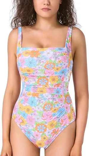 Womens One Piece Swimsuit, Square Neck Adjustable Straps Squared Back, Ruched Tummy Control Swimwear