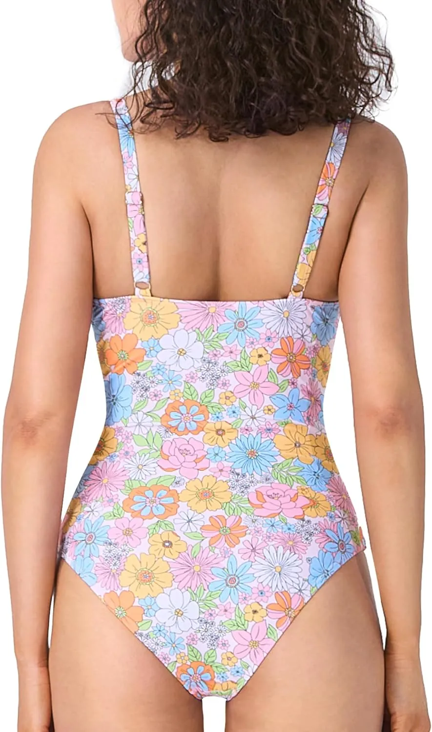 Womens One Piece Swimsuit, Square Neck Adjustable Straps Squared Back, Ruched Tummy Control Swimwear