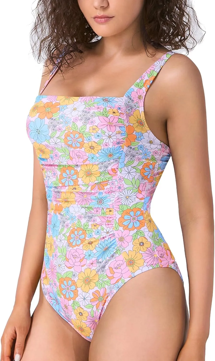 Womens One Piece Swimsuit, Square Neck Adjustable Straps Squared Back, Ruched Tummy Control Swimwear