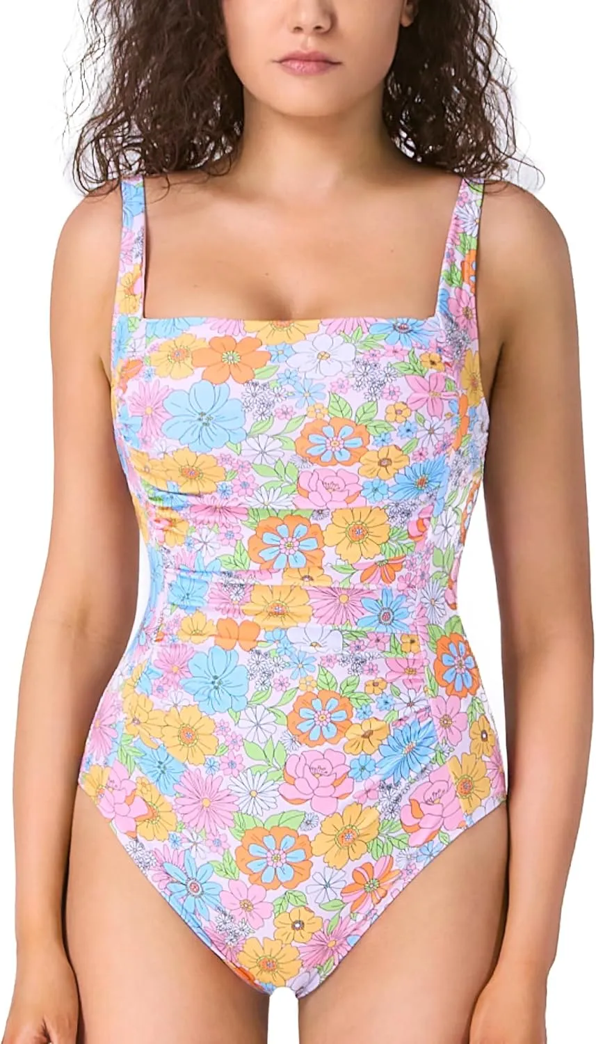 Womens One Piece Swimsuit, Square Neck Adjustable Straps Squared Back, Ruched Tummy Control Swimwear