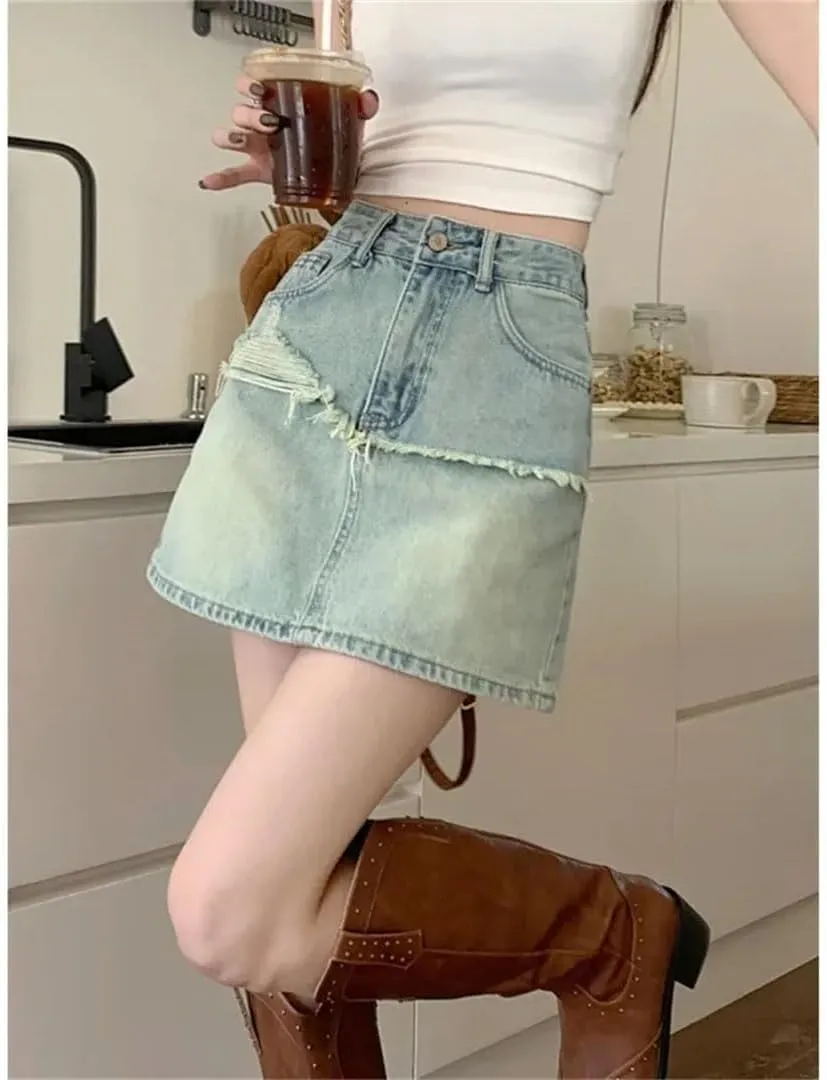 Women's Plus Size High-Waisted Slimming Mini Dress Solid Color Ring Denim Skirt