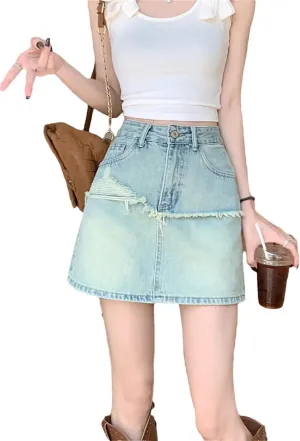 Women's Plus Size High-Waisted Slimming Mini Dress Solid Color Ring Denim Skirt