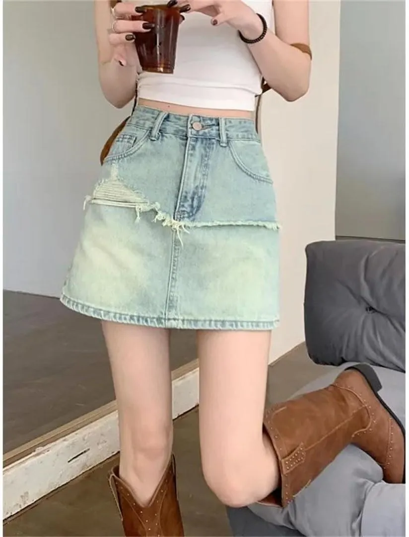 Women's Plus Size High-Waisted Slimming Mini Dress Solid Color Ring Denim Skirt