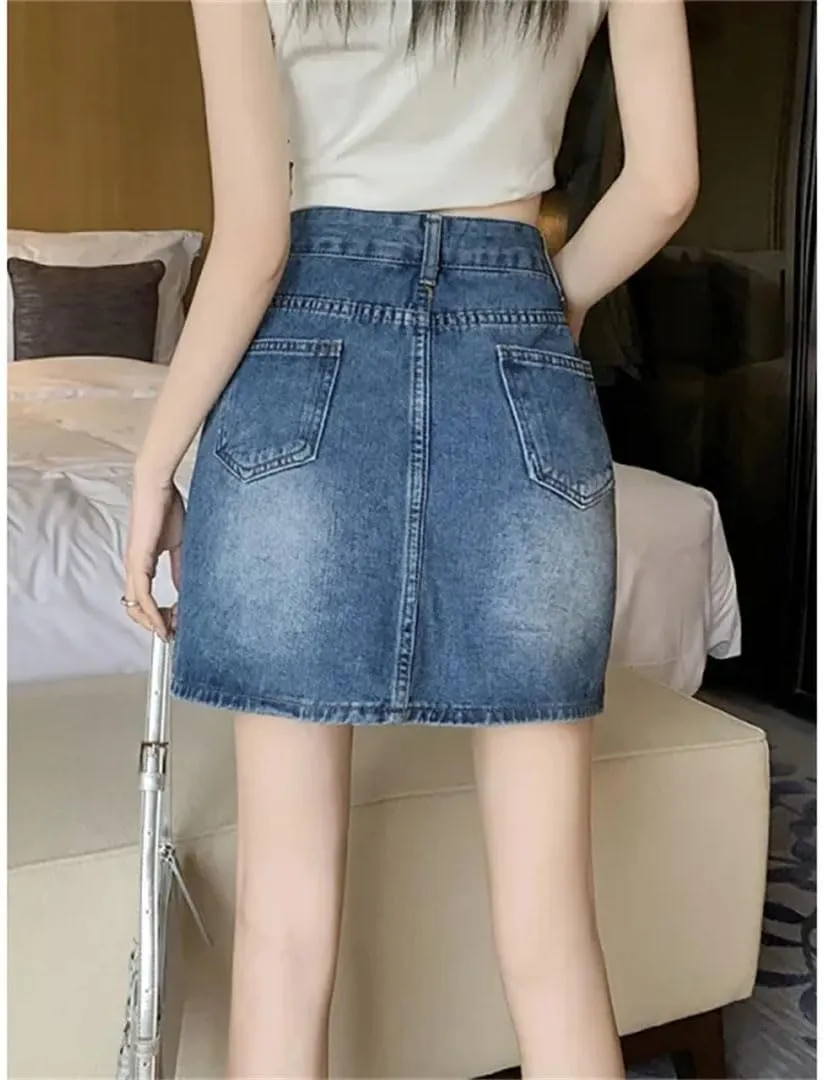 Women's Plus Size Mini Dress Denim Skirt High-Waisted Slimming Design Sensibility Hip Skirt