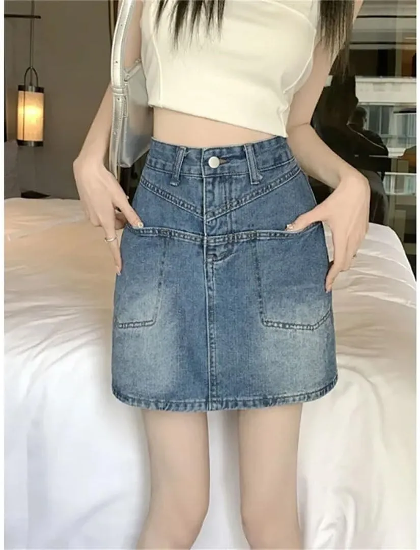 Women's Plus Size Mini Dress Denim Skirt High-Waisted Slimming Design Sensibility Hip Skirt