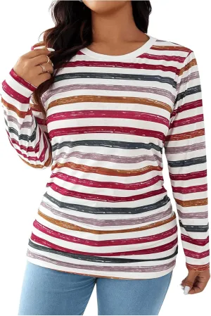 Women's Plus Size Striped Long Sleeve T-Shirts Color Block Round Neck Tee Tops