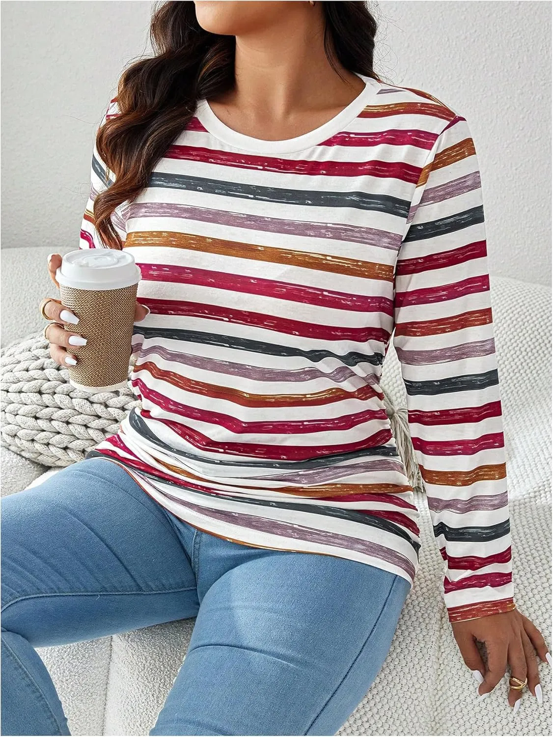 Women's Plus Size Striped Long Sleeve T-Shirts Color Block Round Neck Tee Tops
