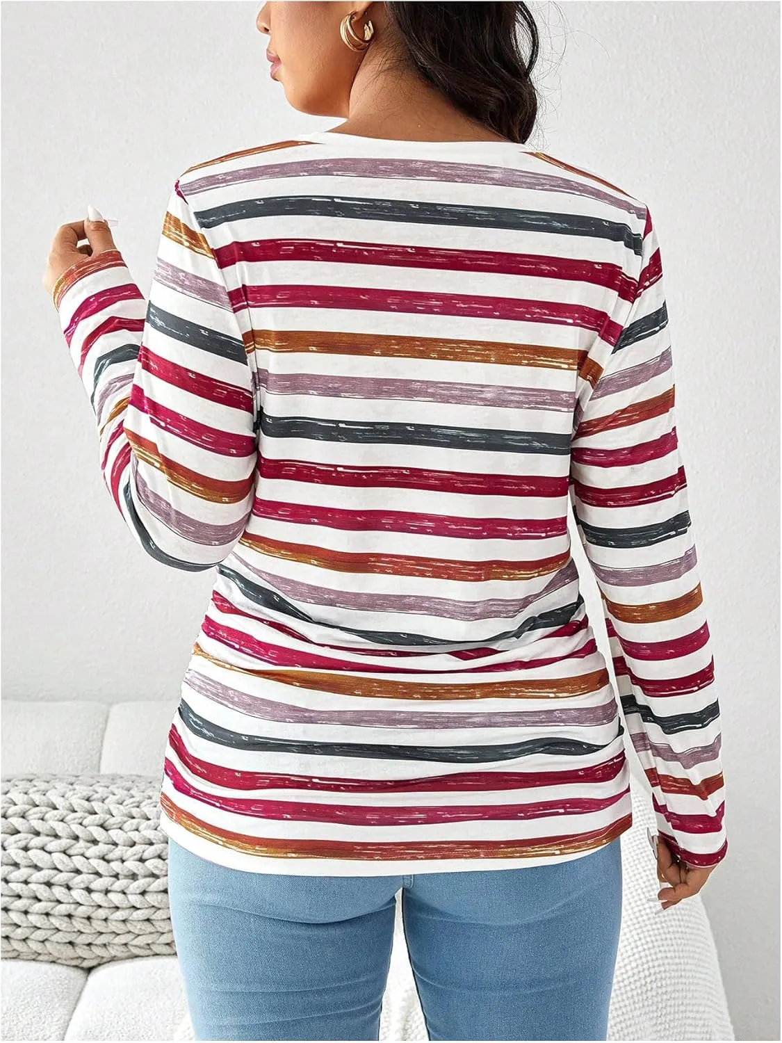 Women's Plus Size Striped Long Sleeve T-Shirts Color Block Round Neck Tee Tops