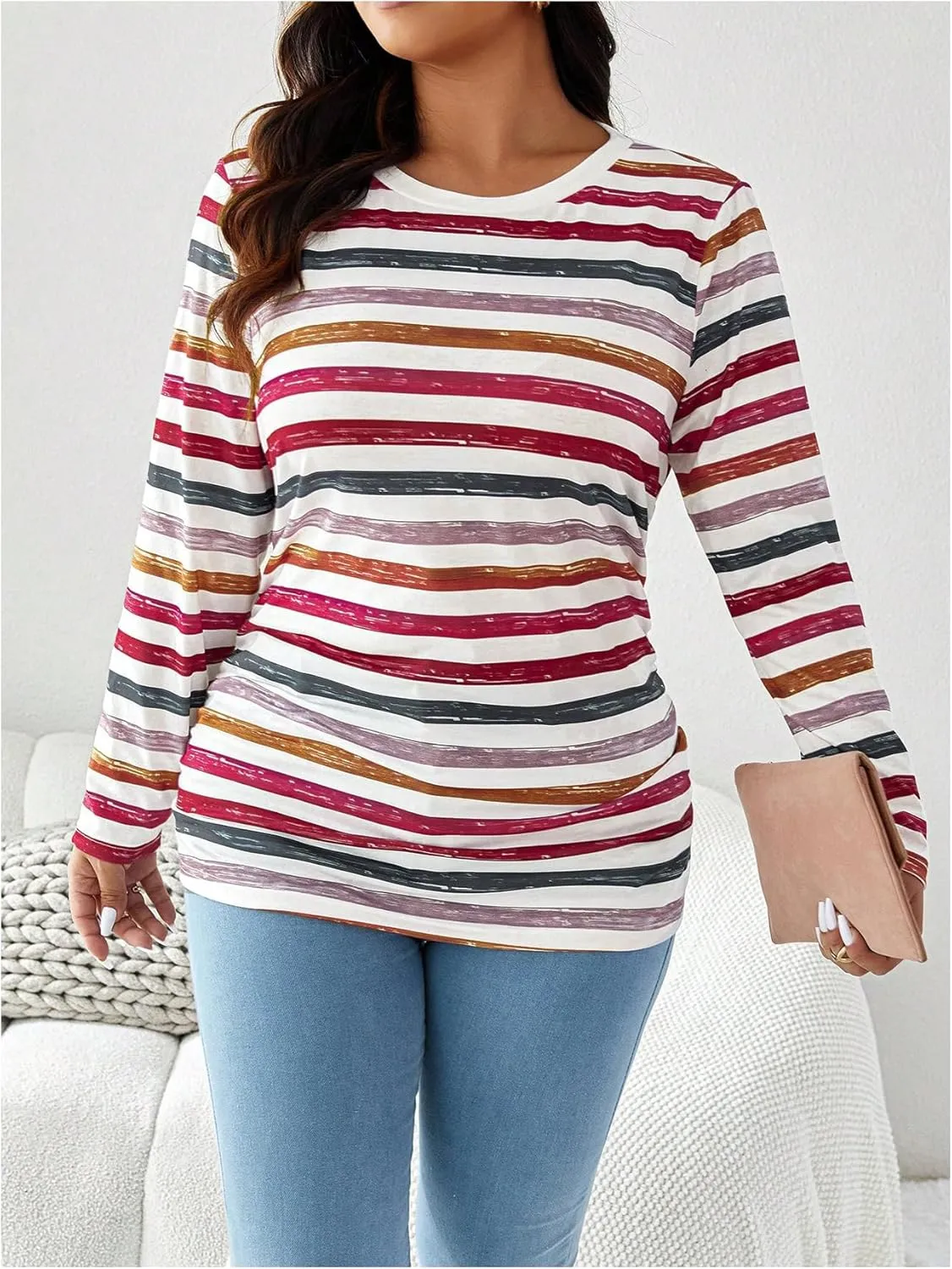 Women's Plus Size Striped Long Sleeve T-Shirts Color Block Round Neck Tee Tops