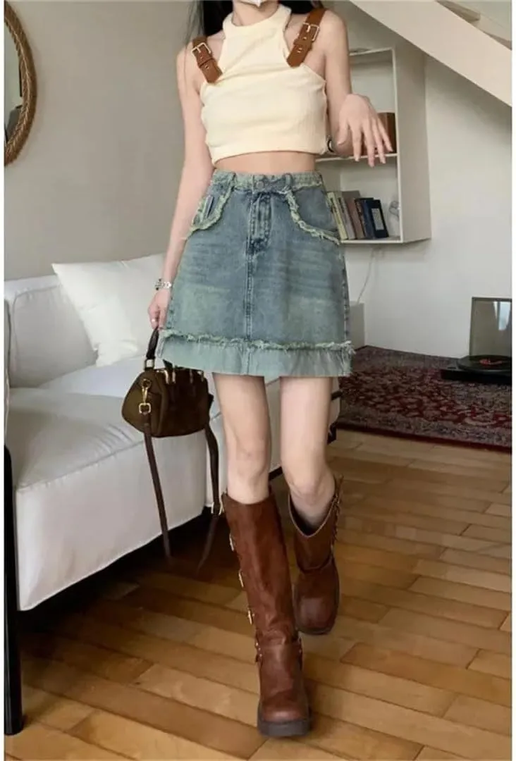 Women's Plus Size Vintage Denim Skirt High-Waisted Fringe Bodycon Mini Dress Clothing A- Line Mini Skirt
