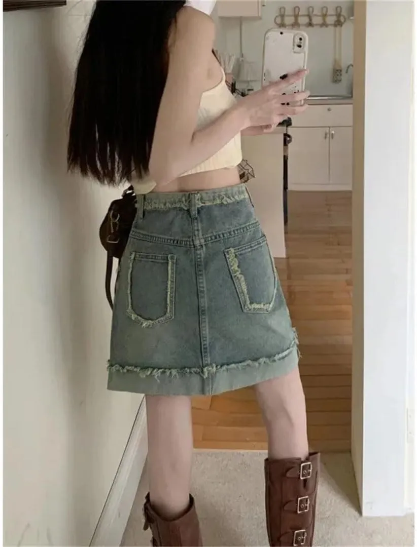 Women's Plus Size Vintage Denim Skirt High-Waisted Fringe Bodycon Mini Dress Clothing A- Line Mini Skirt