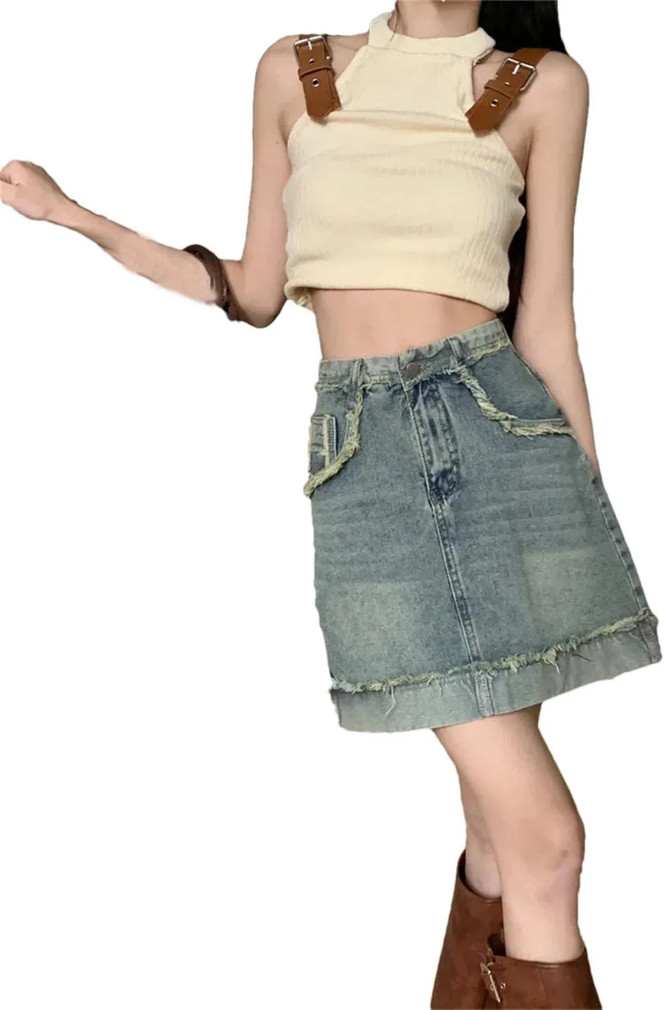 Women's Plus Size Vintage Denim Skirt High-Waisted Fringe Bodycon Mini Dress Clothing A- Line Mini Skirt
