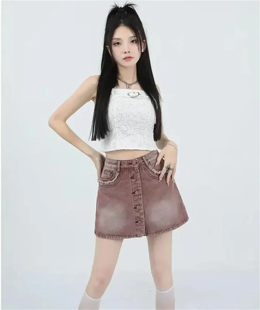 Women's Slimming A- Line Denim Mini Dress High-Waisted Leisure Skirt