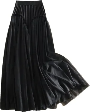 Women's Spliced Mesh A-Line High Waist Skirts Female Midi Flowy Pleated Skirts Party Prom Tulle Skirts