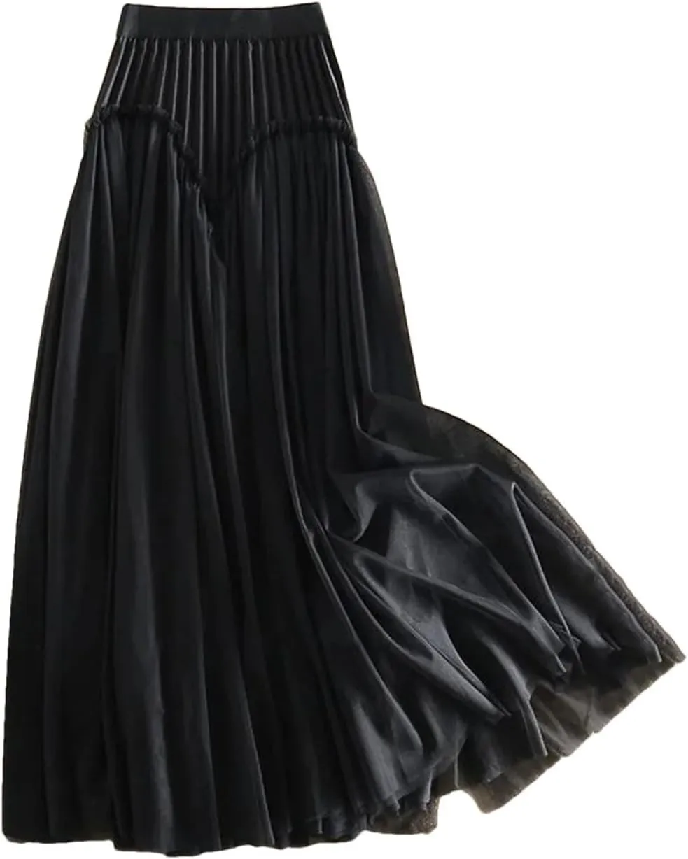 Women's Spliced Mesh A-Line High Waist Skirts Female Midi Flowy Pleated Skirts Party Prom Tulle Skirts