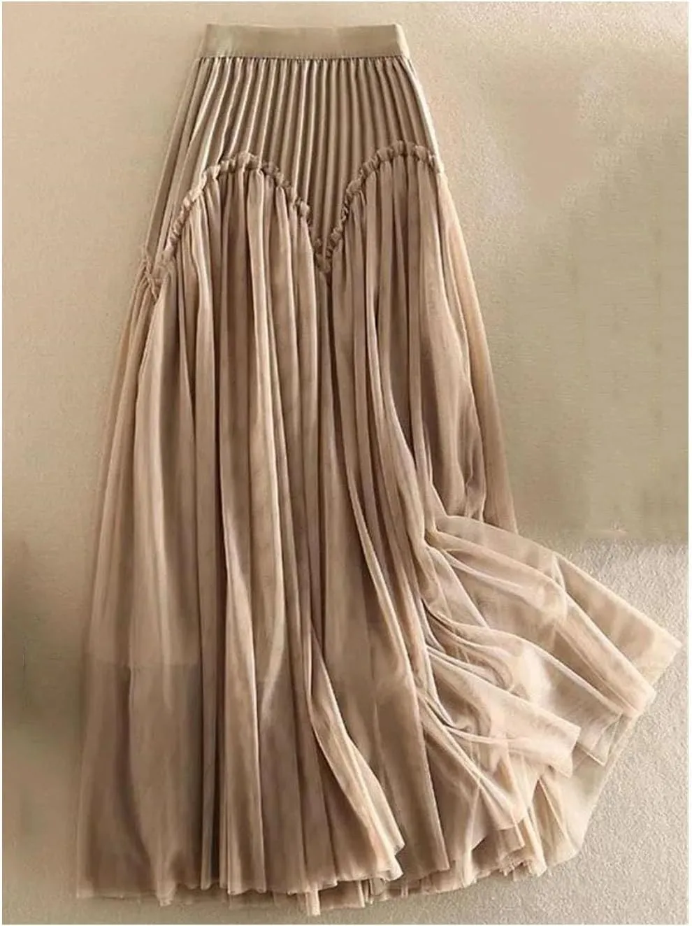 Women's Spliced Mesh A-Line High Waist Skirts Female Midi Flowy Pleated Skirts Party Prom Tulle Skirts