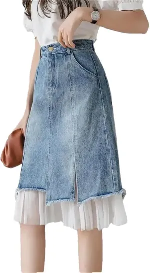 Women's Split Denim Skirt Skirts High-Waisted Slimming Mesh Patchwork Irregular A-Line Skirt