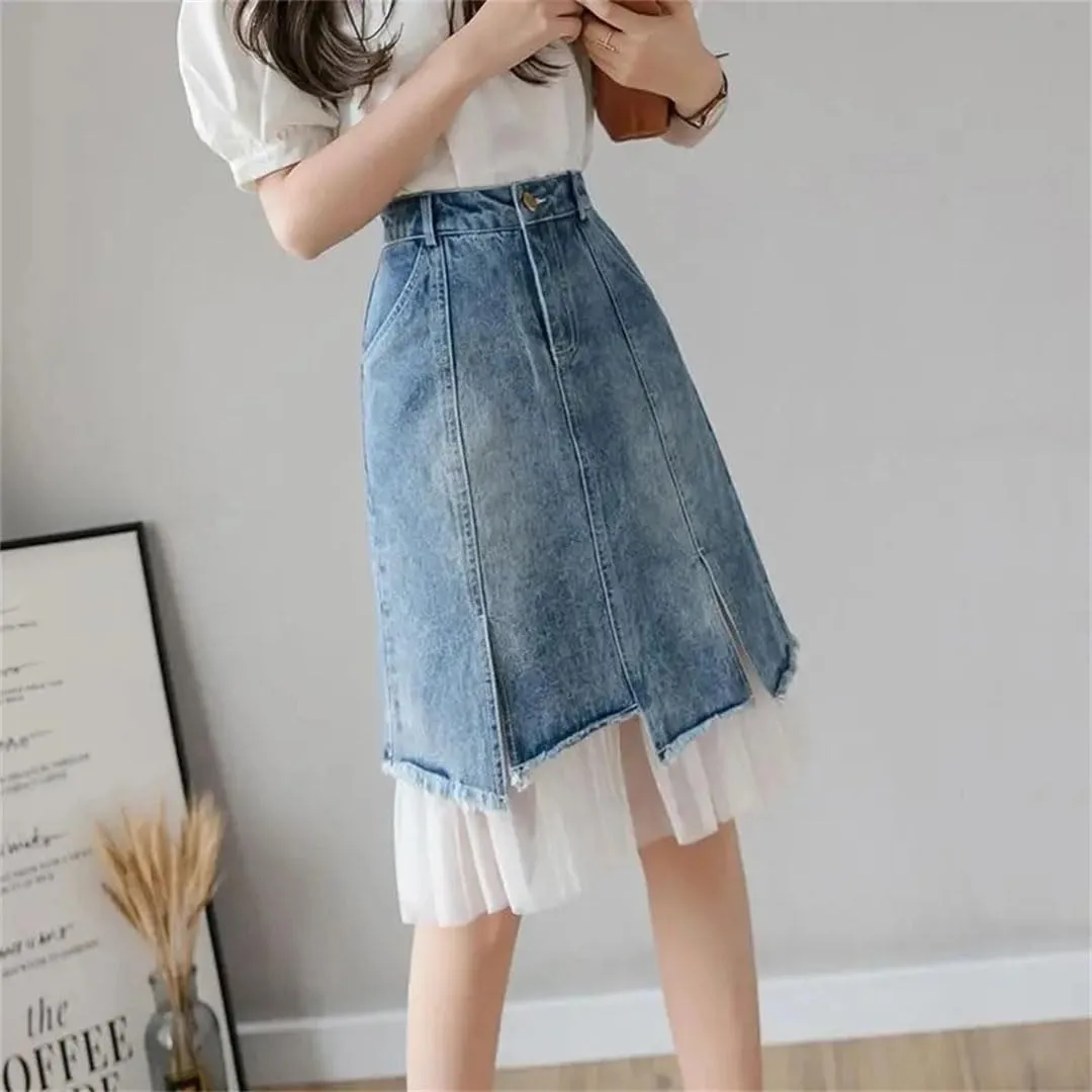 Women's Split Denim Skirt Skirts High-Waisted Slimming Mesh Patchwork Irregular A-Line Skirt