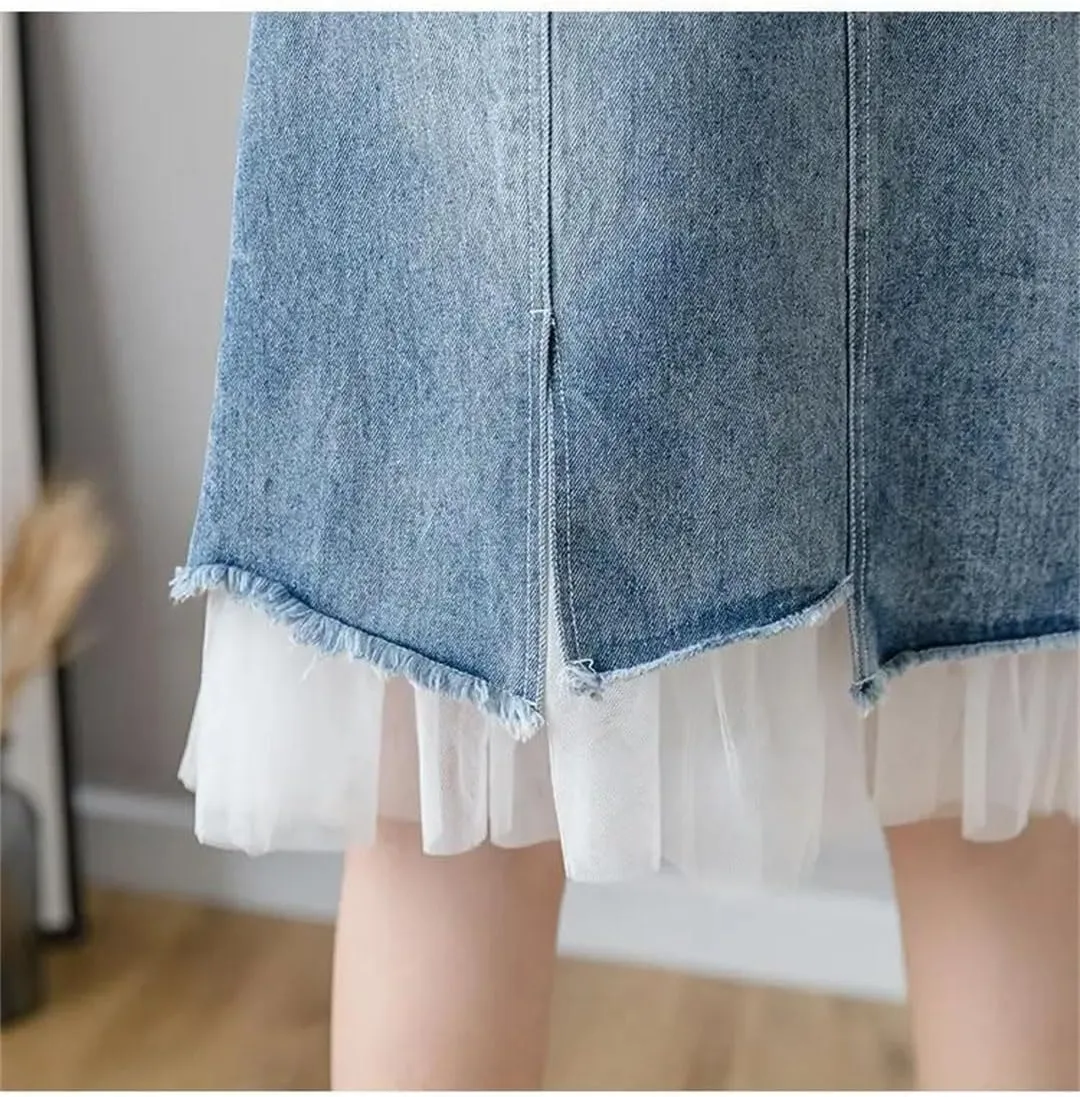 Women's Split Denim Skirt Skirts High-Waisted Slimming Mesh Patchwork Irregular A-Line Skirt