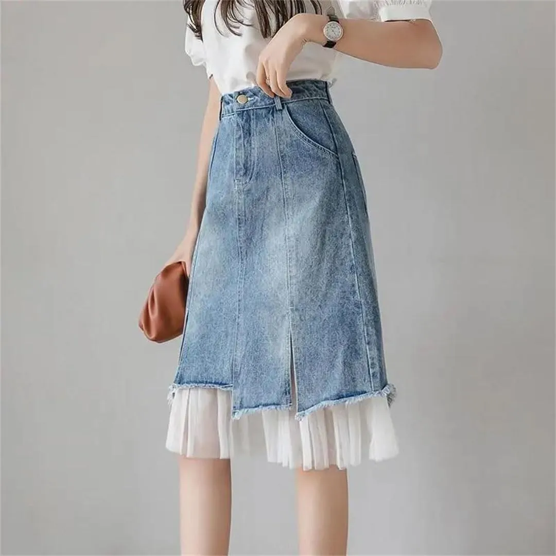 Women's Split Denim Skirt Skirts High-Waisted Slimming Mesh Patchwork Irregular A-Line Skirt