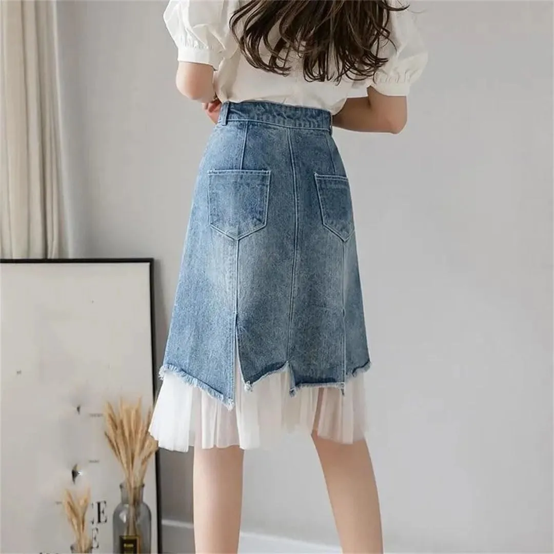 Women's Split Denim Skirt Skirts High-Waisted Slimming Mesh Patchwork Irregular A-Line Skirt