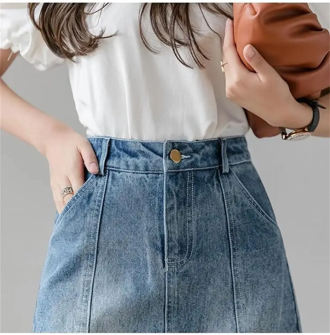 Women's Split Denim Skirt Skirts High-Waisted Slimming Mesh Patchwork Irregular A-Line Skirt