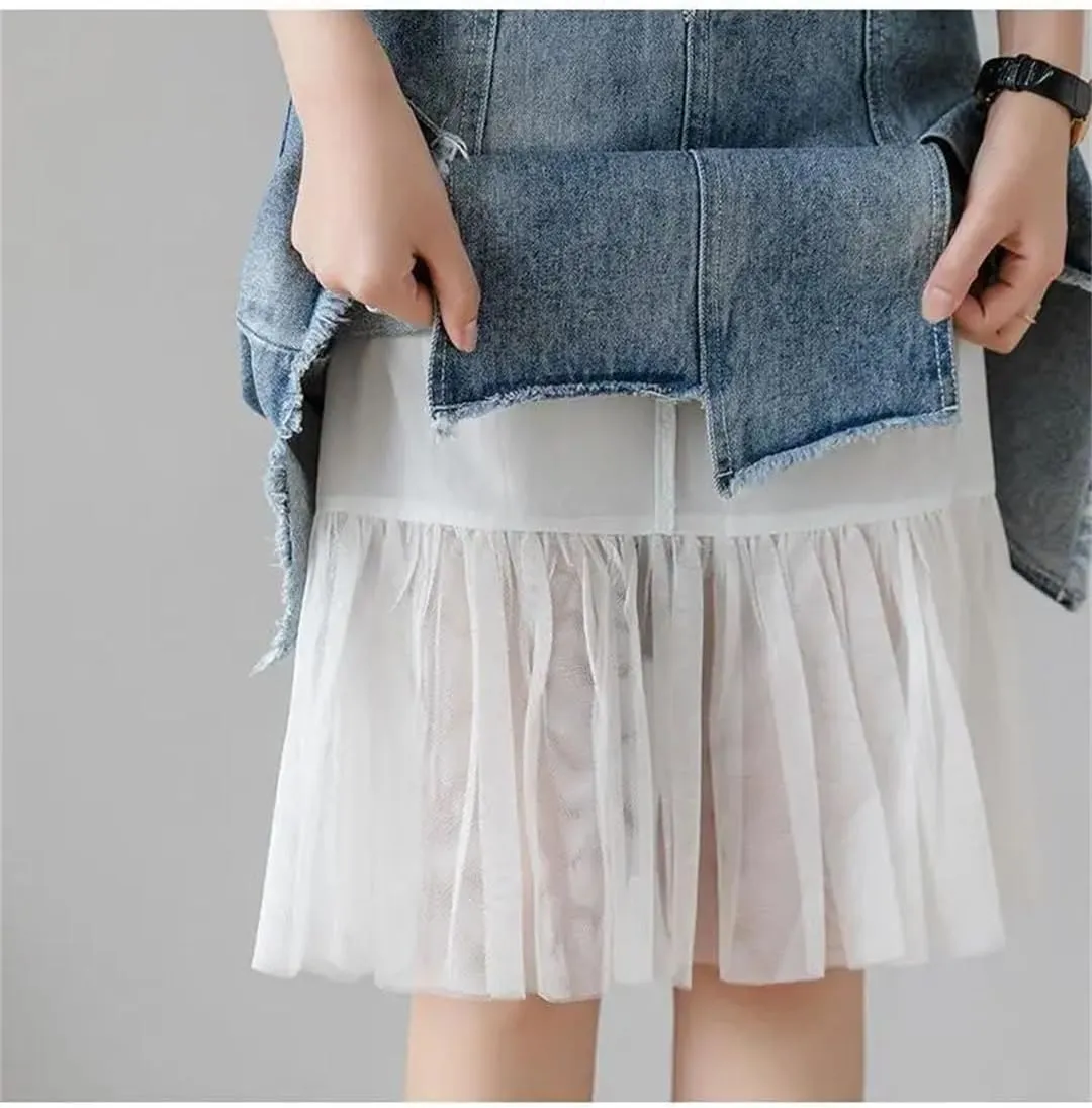 Women's Split Denim Skirt Skirts High-Waisted Slimming Mesh Patchwork Irregular A-Line Skirt