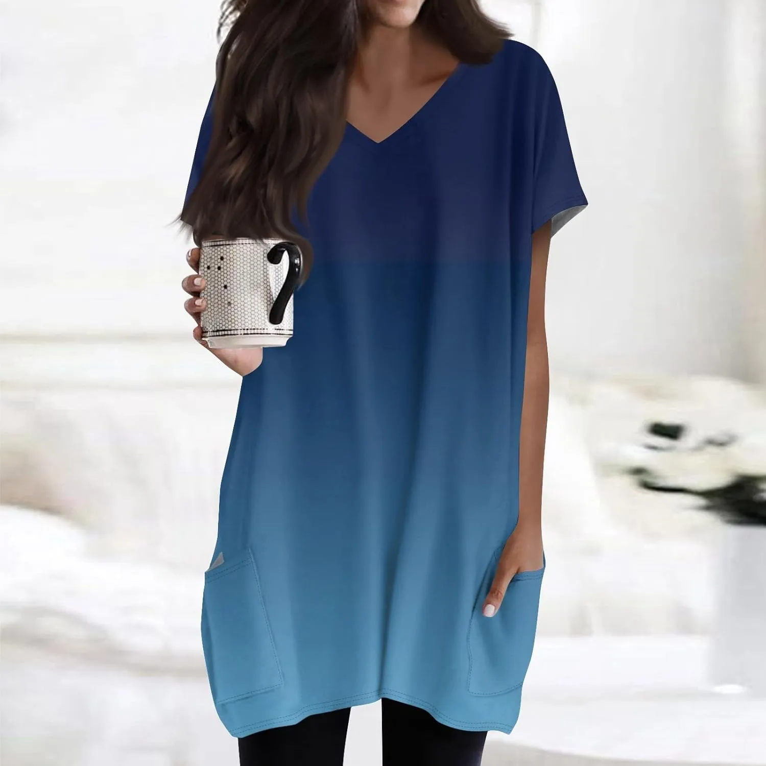 Womens Summer 2025 Casual Short Sleeve V Neck Shirts Loose Fit Oversized Tshirts Tunic Tops With Pockets
