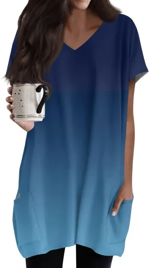 Womens Summer 2025 Casual Short Sleeve V Neck Shirts Loose Fit Oversized Tshirts Tunic Tops With Pockets