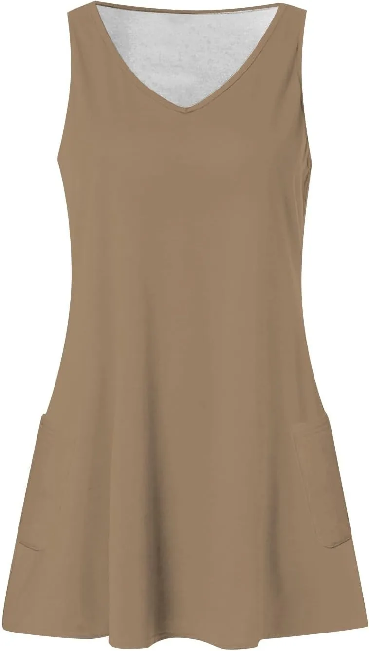 Womens Summer Dresses 2024 T-Shirts Dress Loose V Neck Sleeveless Tank Dresses Sundresses Floral/Plain