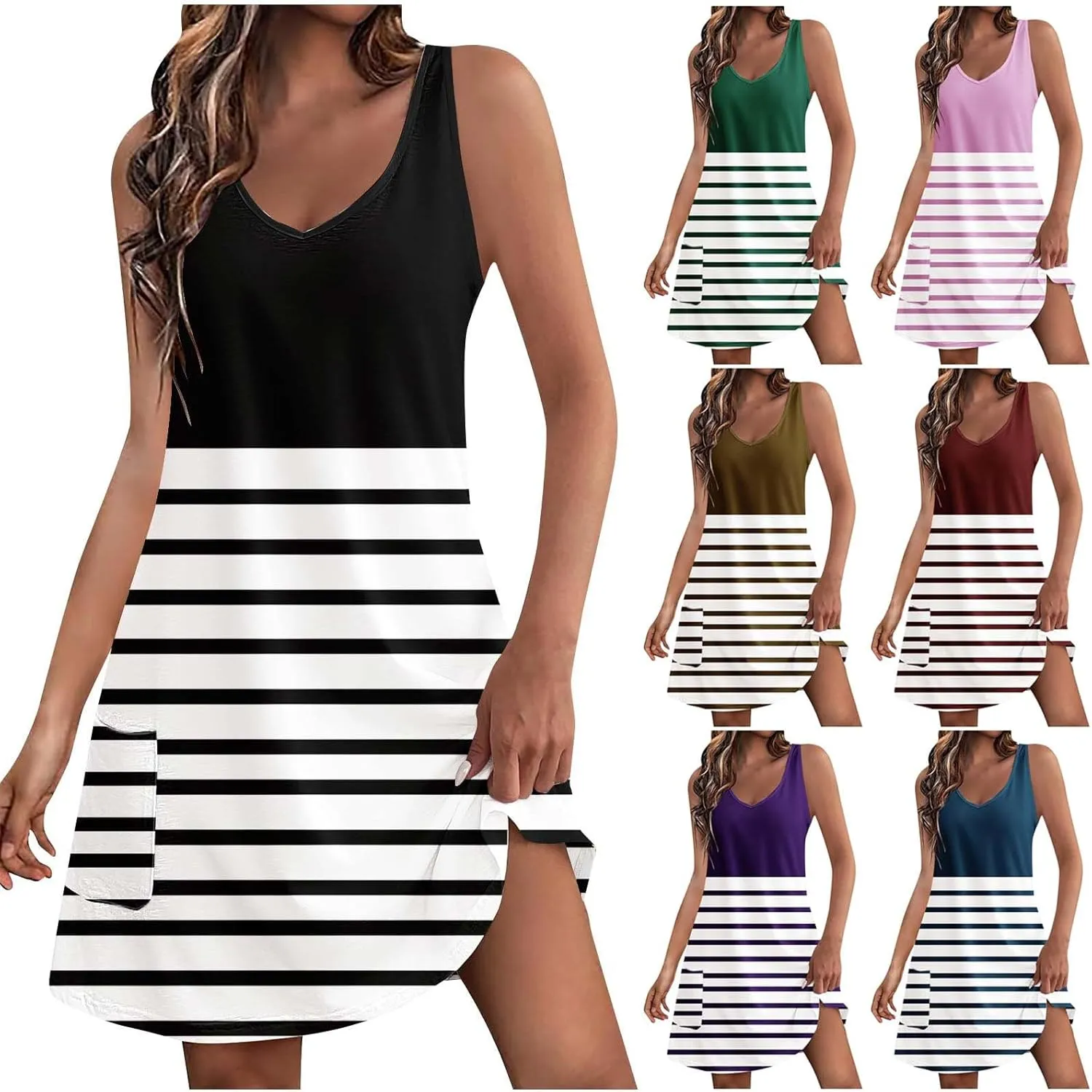 Women's Summer Fashion Striped Sundresses Casual Boho Beach Dress T-Shirts Dress V Neck Loose Tank Dresses