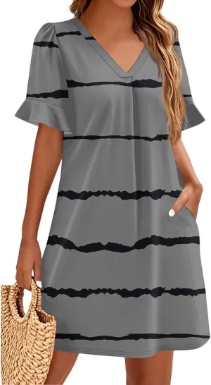 Women's Summer T-Shirts Dresses with Pockets Casual V-Neck Short Sleeve Boho Mini Beach Sundress