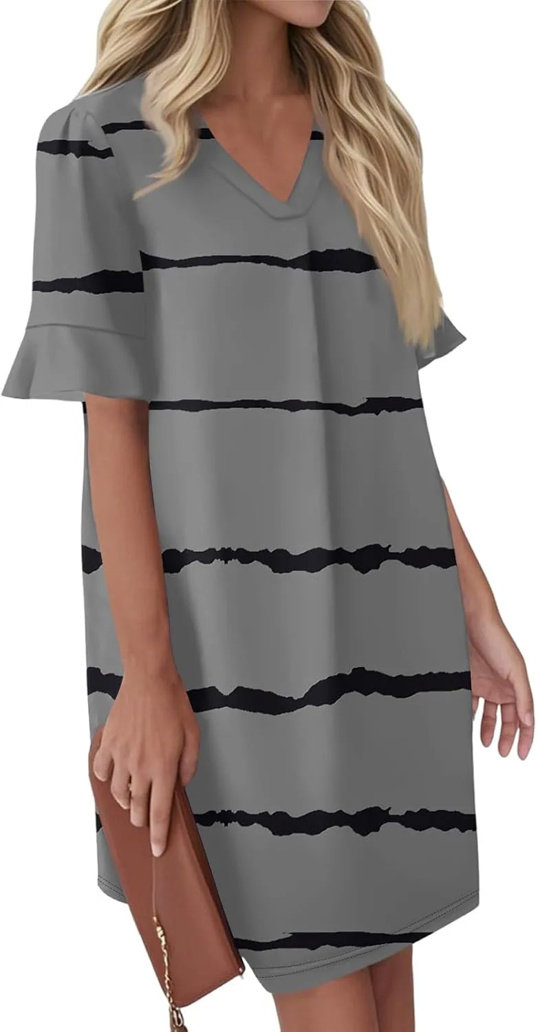 Women's Summer T-Shirts Dresses with Pockets Casual V-Neck Short Sleeve Boho Mini Beach Sundress