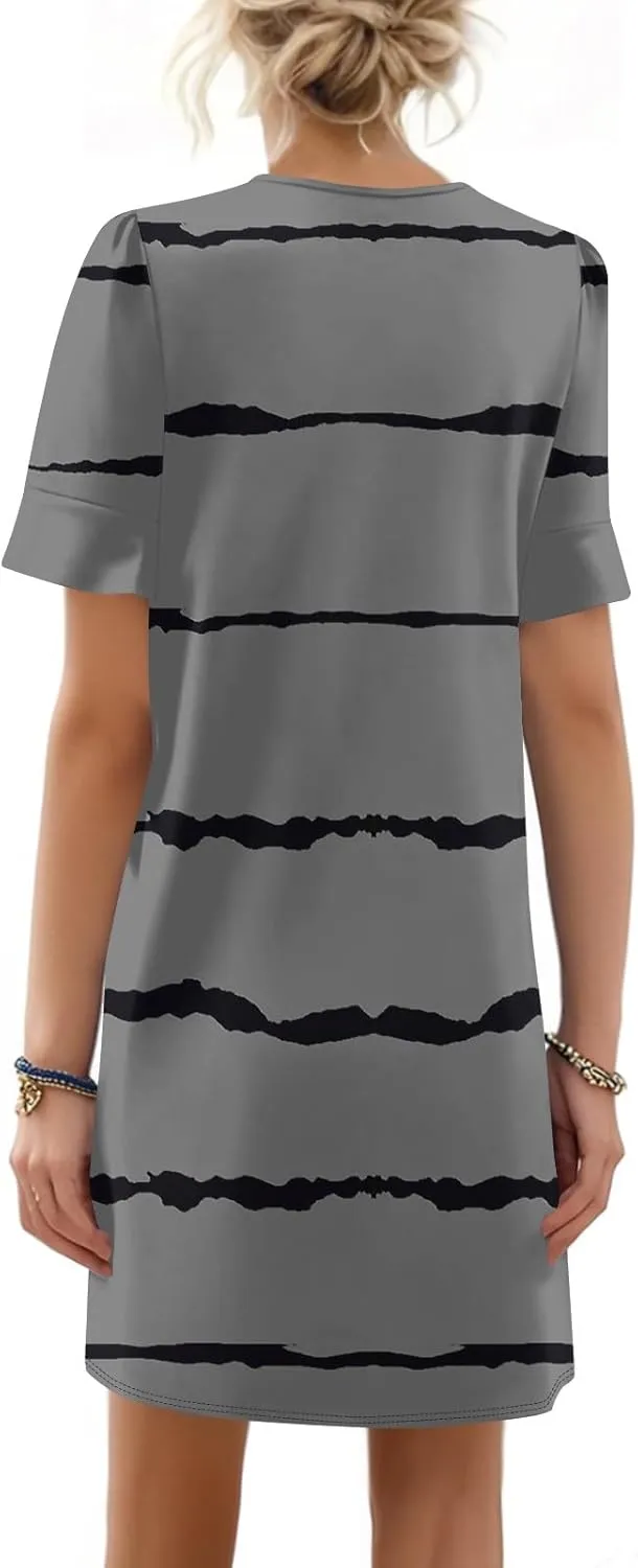 Women's Summer T-Shirts Dresses with Pockets Casual V-Neck Short Sleeve Boho Mini Beach Sundress
