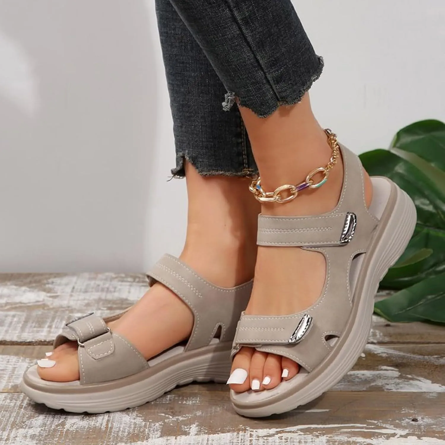 Women's Summer Walking Sandals Air Cushion Arch Support Platform Ankle Strap Shoes Comfortable Casual Wedge Sandals