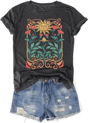 Womens Vintage Flowers T-Shirts Cute Floral Graphic Tees Wildflowers Cottagecore Tshirts Summer Casual Short Sleeve Tops