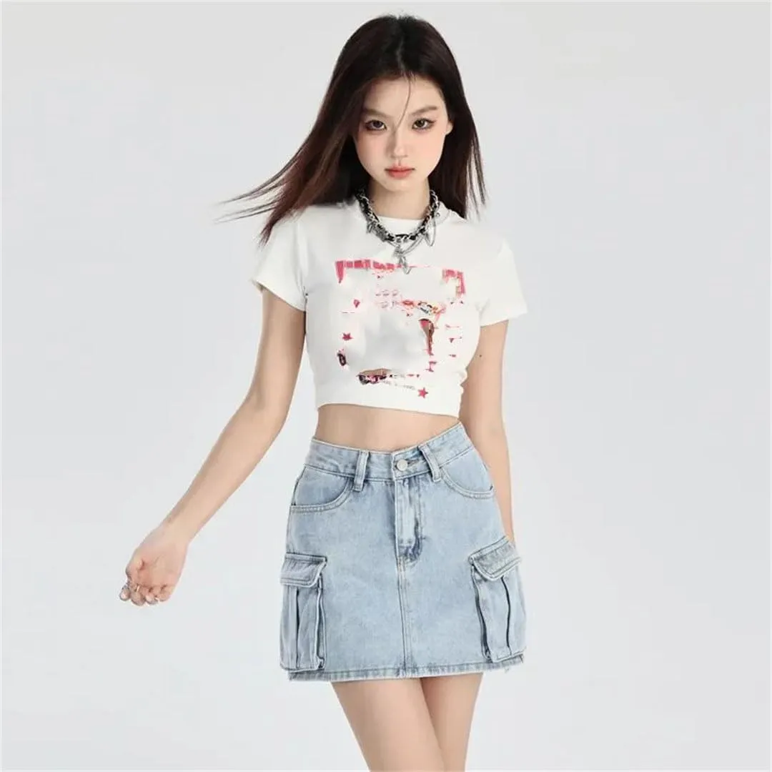 Women's Vintage High-Waisted Denim Skirt Mini Dress Korean Pocket Design Skirt