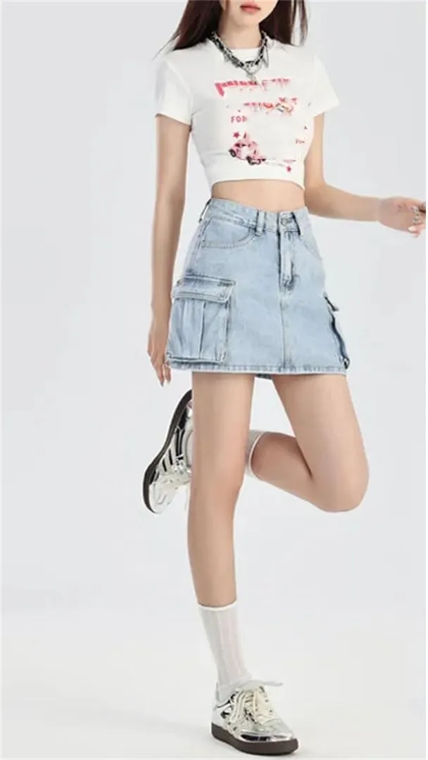 Women's Vintage High-Waisted Denim Skirt Mini Dress Korean Pocket Design Skirt