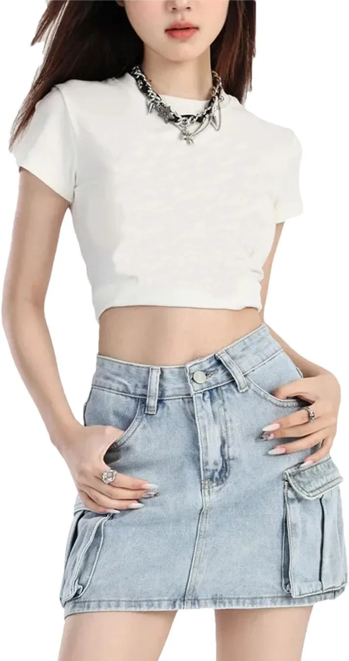 Women's Vintage High-Waisted Denim Skirt Mini Dress Korean Pocket Design Skirt