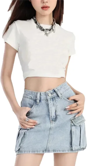 Women's Vintage High-Waisted Denim Skirt Mini Dress Korean Pocket Design Skirt