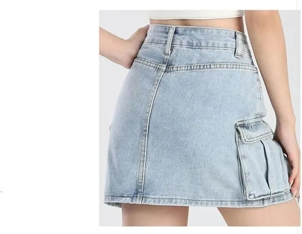 Women's Vintage High-Waisted Denim Skirt Mini Dress Korean Pocket Design Skirt