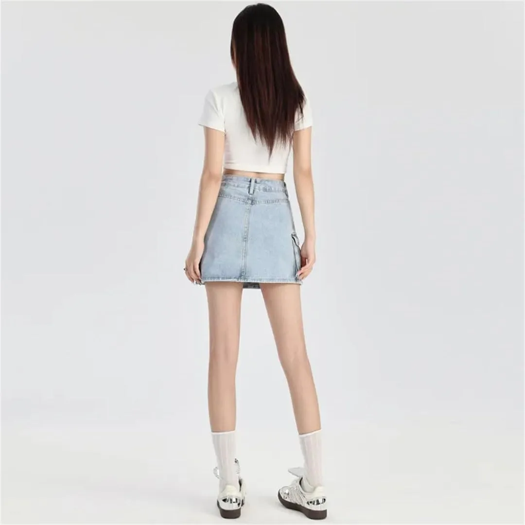 Women's Vintage High-Waisted Denim Skirt Mini Dress Korean Pocket Design Skirt